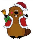 Funny cartoon Christmas beaver in Santa hat with Christmas bell
