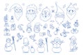 Funny cartoon Christmas collection element in doodle sketch style in blue color. New year and Xmas design element set. Royalty Free Stock Photo
