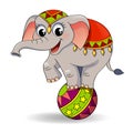 Funny cartoon circus elephant balancing on ball