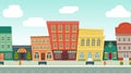 Funny cartoon cityscape street panorama with houses shop road bench hydrant, horizontally vector illustration clip art Royalty Free Stock Photo