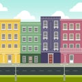 Funny cartoon cityscape street panorama with houses shop road bench hydrant, horizontally vector illustration clip art Royalty Free Stock Photo