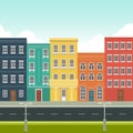 Funny cartoon cityscape street panorama with houses shop road bench hydrant, horizontally vector illustration clip art Royalty Free Stock Photo