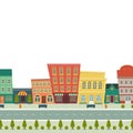Funny cartoon cityscape street panorama with houses shop road bench hydrant, horizontally vector illustration clip art Royalty Free Stock Photo