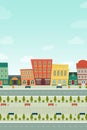 Funny cartoon cityscape street panorama with houses shop road bench hydrant, horizontally vector illustration clip art Royalty Free Stock Photo