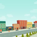 Funny cartoon cityscape street panorama with houses shop road bench hydrant, horizontally vector illustration clip art Royalty Free Stock Photo