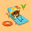 Funny cartoon coconut relaxing on sun chair