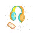 Funny cartoon colored headphones with retro player cassette. Cute headset vector illustration with decoration elements