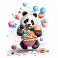 Funny cartoon colorful party panda with cupcakes and air balloons isolated over white background. Colorful joyful greeting card Royalty Free Stock Photo