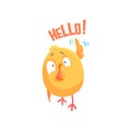 Funny cartoon comic chicken with phrase Hello vector Illustration