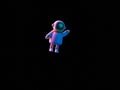 Funny cartoon cosmonaut flying in space dark isolated background in neon light. Interstellar traveling. Future cosmos
