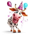 Funny cartoon cow wearing party hat isolated over white background. Colorful joyful greeting card for birthday or other festive Royalty Free Stock Photo