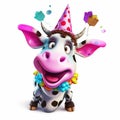 Funny cartoon cow wearing party hat isolated over white background. Colorful joyful greeting card for birthday or other festive Royalty Free Stock Photo