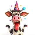 Funny cartoon cow wearing party hat and sticks out tongue isolated over white background. Colorful joyful greeting card for