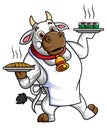 a funny cartoon cow working as a waiter, carrying two plates of fast food