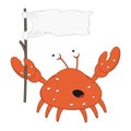 Funny cartoon crab with bulging eyes and large claws holds a white flag and screams