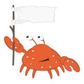 Funny cartoon crab with bulging eyes and large claws holds a white flag and smiles