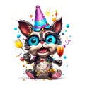 Funny cartoon crazy party cat with confetti and glasses with drinks isolated over white background. Colorful joyful greeting card