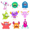 Funny cartoon creatures. Set of cartoon monsters: goblin or troll, cyclops, ghost,  monsters and aliens. Halloween design Royalty Free Stock Photo