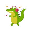 Funny cartoon crocodile character in headphones listening music and walking vector Illustration