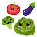 Funny cartoon cute beet, cabbage and ripe tomato. Purple eggplant. Funny face