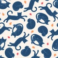 Funny cartoon cute blue cats. Seamless pattern with sleeping and playing kittens on white background. Winter texture