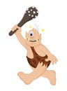 Funny cartoon vector Cyclops caveman with a cudgel hunts. Ancient mythical creature. Cute troll. Design for print, emblem, t-shirt