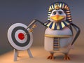 Funny cartoon 3d penguin pharaoh Tutankhamun points to the bullseye on a target, 3d illustration