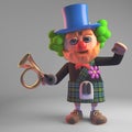 Funny cartoon 3d Scottish man in kilt wearing a clown red nose and holding an old car horn, 3d illustration Royalty Free Stock Photo