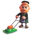 Funny cartoon 3d Scottish with red beard and tartan kilt mowing the lawn with his lawnmower, 3d illustration