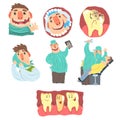 Funny Cartoon Dentist And Patient Illustration Set With Dental Care Procedures And Humanized Teeth Characters