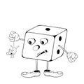 Funny cartoon dice game with eyes, arms and legs holding a little mouse in his hand. Black and white coloring