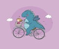 Funny cartoon dinosaur on a bicycle. Cute dragon traveler, girl and cat.