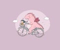 A funny cartoon dinosaur on a bicycle.