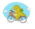 A funny cartoon dinosaur on a bicycle.