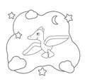 Funny cartoon dinosaur character. Dino print for coloring. Pterodactyl flies among the clouds and stars.