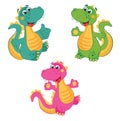 Funny Cartoon Dinosaur in Different Colors. Emerald Dinosaur. Green Dinosaur. Pink Dinosaur. Vector Set Illustration. Royalty Free Stock Photo