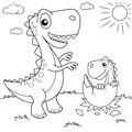 Funny cartoon dinosaur and his nest with little dino. Black and white vector illustration for coloring book
