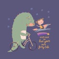 Funny cartoon dinosaur ride on a bicycle. Cute dragon traveler and little girl