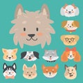 Funny cartoon dog character heads bread cartoon puppy friendly adorable canine vector illustration. Royalty Free Stock Photo