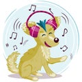 Funny cartoon dog with headphones listen to music illustration Royalty Free Stock Photo