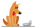 Funny cartoon dog sitting near his bowl satiated and happy vector flat style illustration isolated on white, cute and adorable Royalty Free Stock Photo