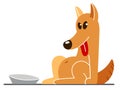 Funny cartoon dog sitting near his bowl satiated and happy vector flat style illustration isolated on white, cute and adorable Royalty Free Stock Photo