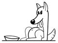 Funny cartoon dog sitting near his bowl satiated and happy vector flat style illustration isolated on white, cute and adorable Royalty Free Stock Photo