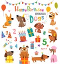 Funny cartoon dogs and design elements for birthday card Royalty Free Stock Photo