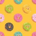 Funny cartoon donut pattern. Happy donut on yellow background. Vector illustration.