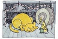 Funny cartoon drawing of a cat meeting with a mouse