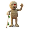 Funny cartoon Egyptian mummy monster waves while holding his skateboard, 3d illustration Royalty Free Stock Photo