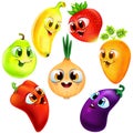 Funny cartoon emotion strawberry, banana, pear, carrot, onion, eggplant and red pepper