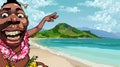 Cartoon emotional black papuan guy by the sea