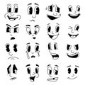 Funny cartoon emotions. Mascot faces from retro cartoons. 30s 40s 50s clipart characters. Angry or happy smiley Royalty Free Stock Photo